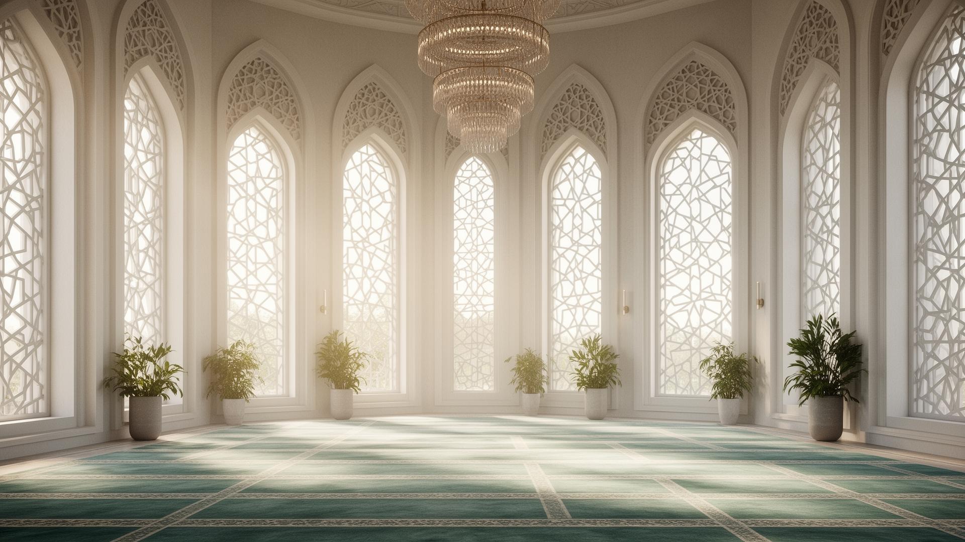 Sereen interieur van een moskee met zacht licht — symbool voor rust en bezinning