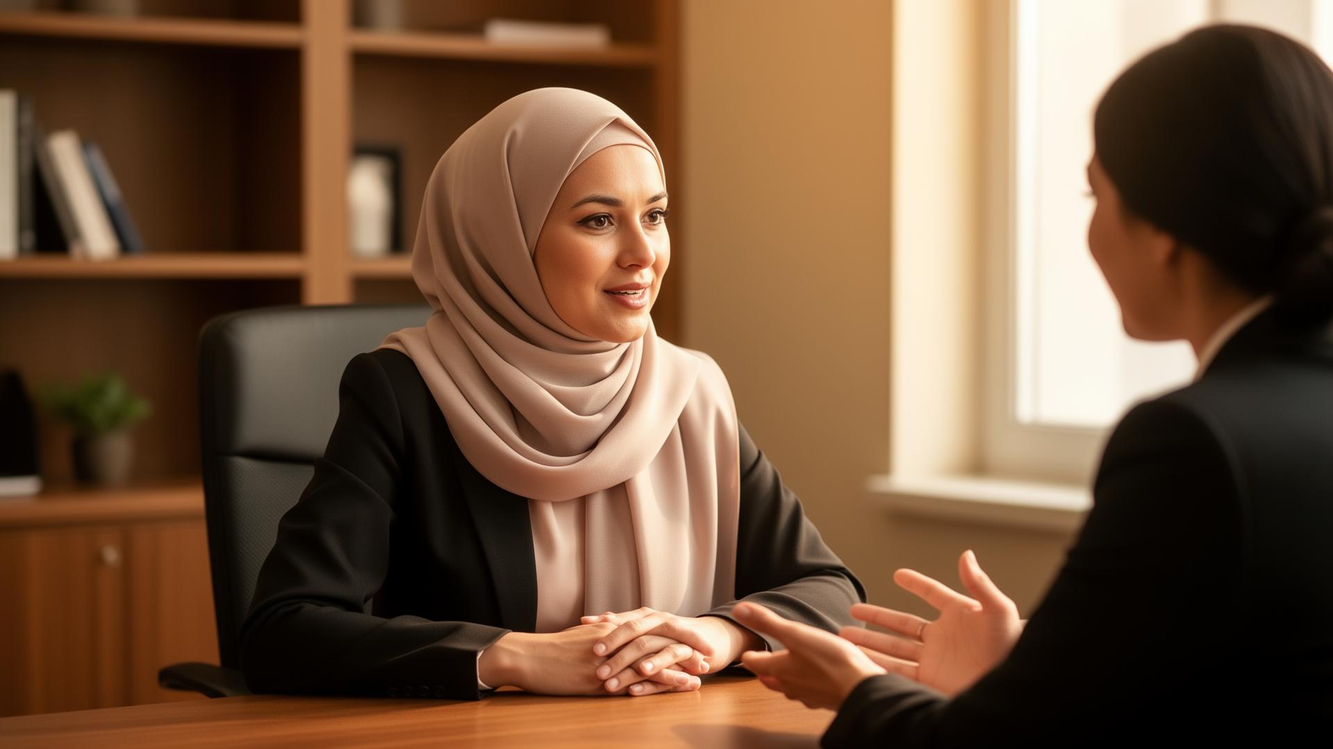 Professionele moslima met hoofddoek in gesprek — warme, vertrouwelijke sfeer